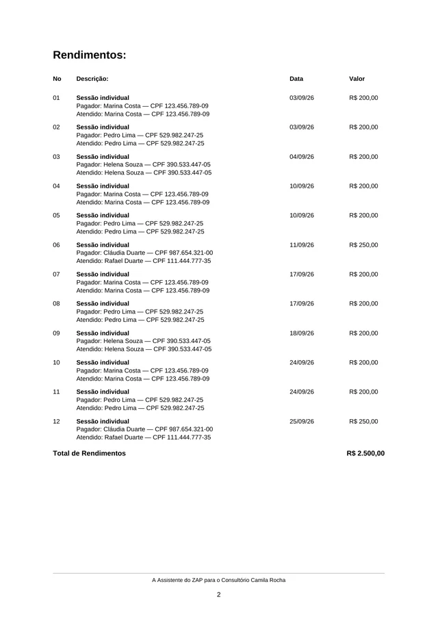 Livro-Caixa Completo de setembro de 2026, página 2: lista de 12 Rendimentos de sessões individuais, com pagador, atendido, CPF, data e valor, e Total de Rendimentos R$ 2.500,00.